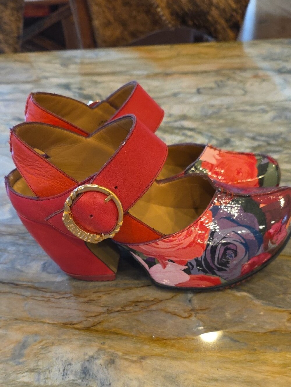 John Fluevog Red Floral Mary Jane Heels - Picture 2 of 7